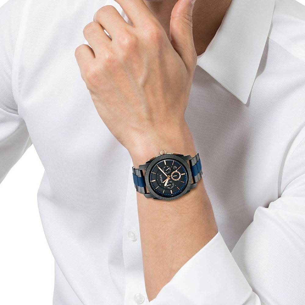 Fossil Machine Chronograph Black Dial Two Tone Steel Strap Watch