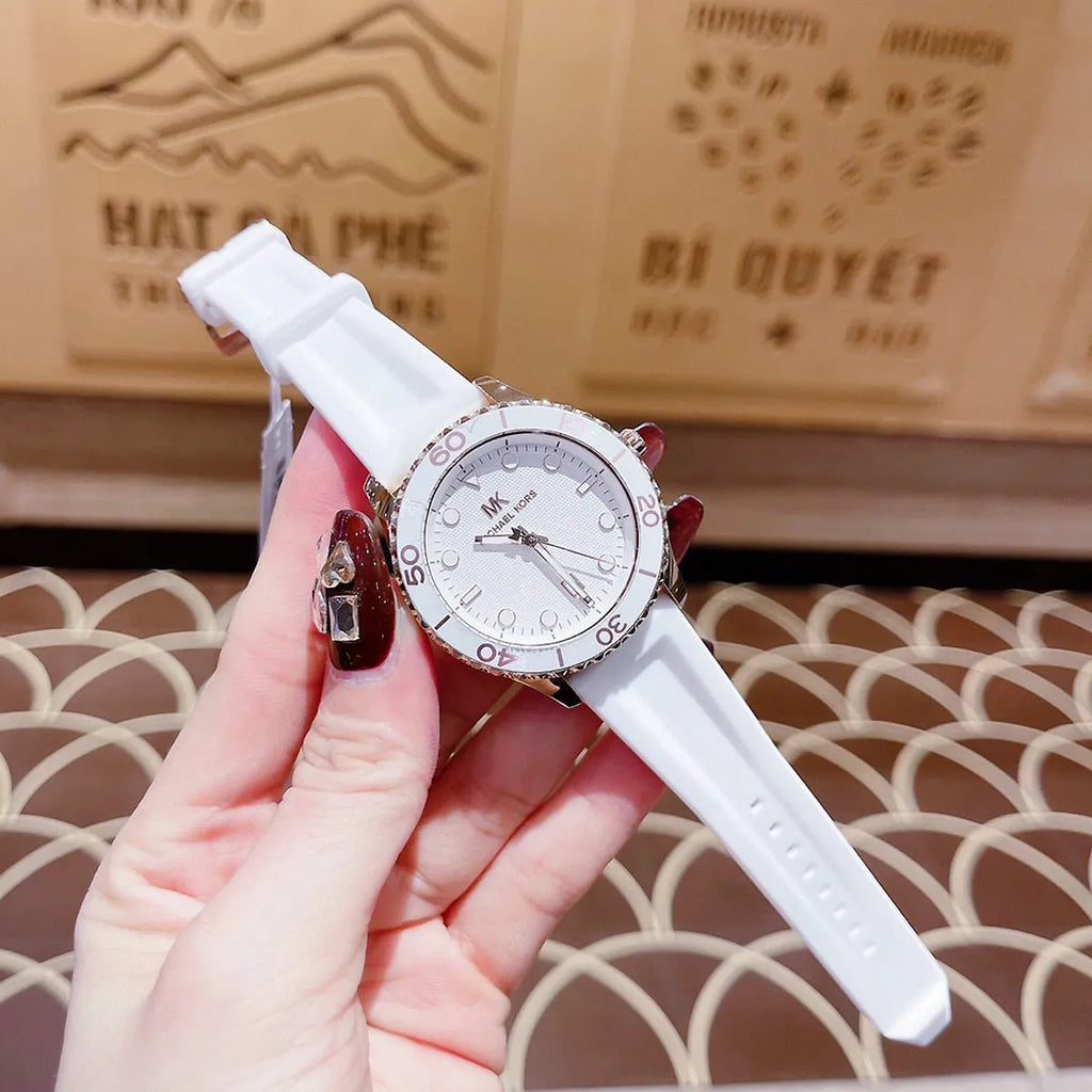 Michael Kors Runway Quartz White Dial White Rubber Strap Watch For