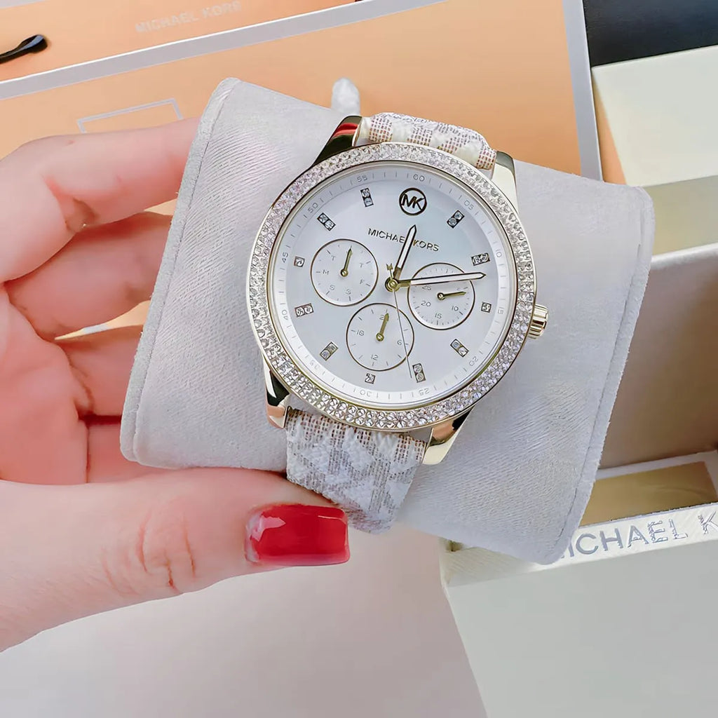 Michael Kors Tibby Multifunction Silver Dial White Leather Strap