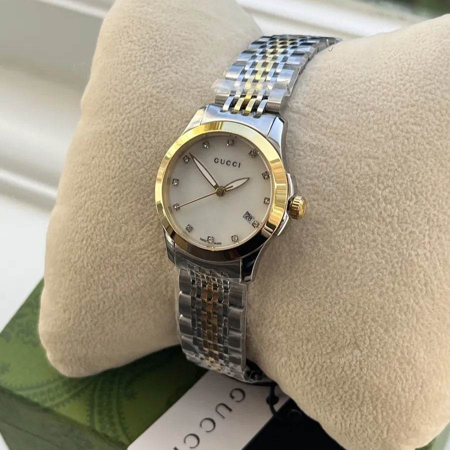 Gucci G Timeless Diamonds Mother of Pearl Dial Two Tone Mesh