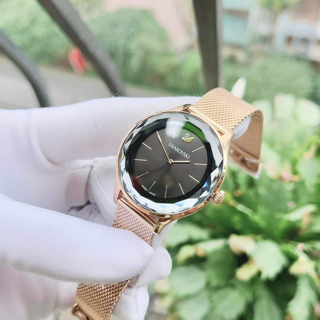 Swarovski Octea Nova Black Dial Rose Gold Mesh Bracelet Watch for