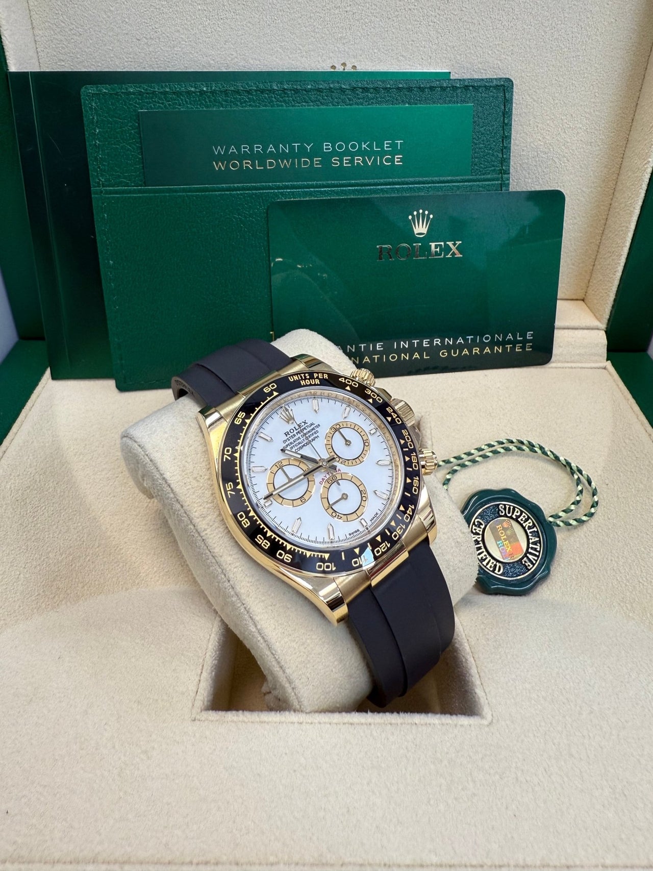 Rolex Daytona Yellow Gold Black Cerachrom Bezel White Index Dial