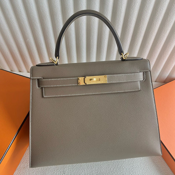 ケリー風バッグ 本革 エルメス ケリー28 外縫い エトゥープ ヴォー