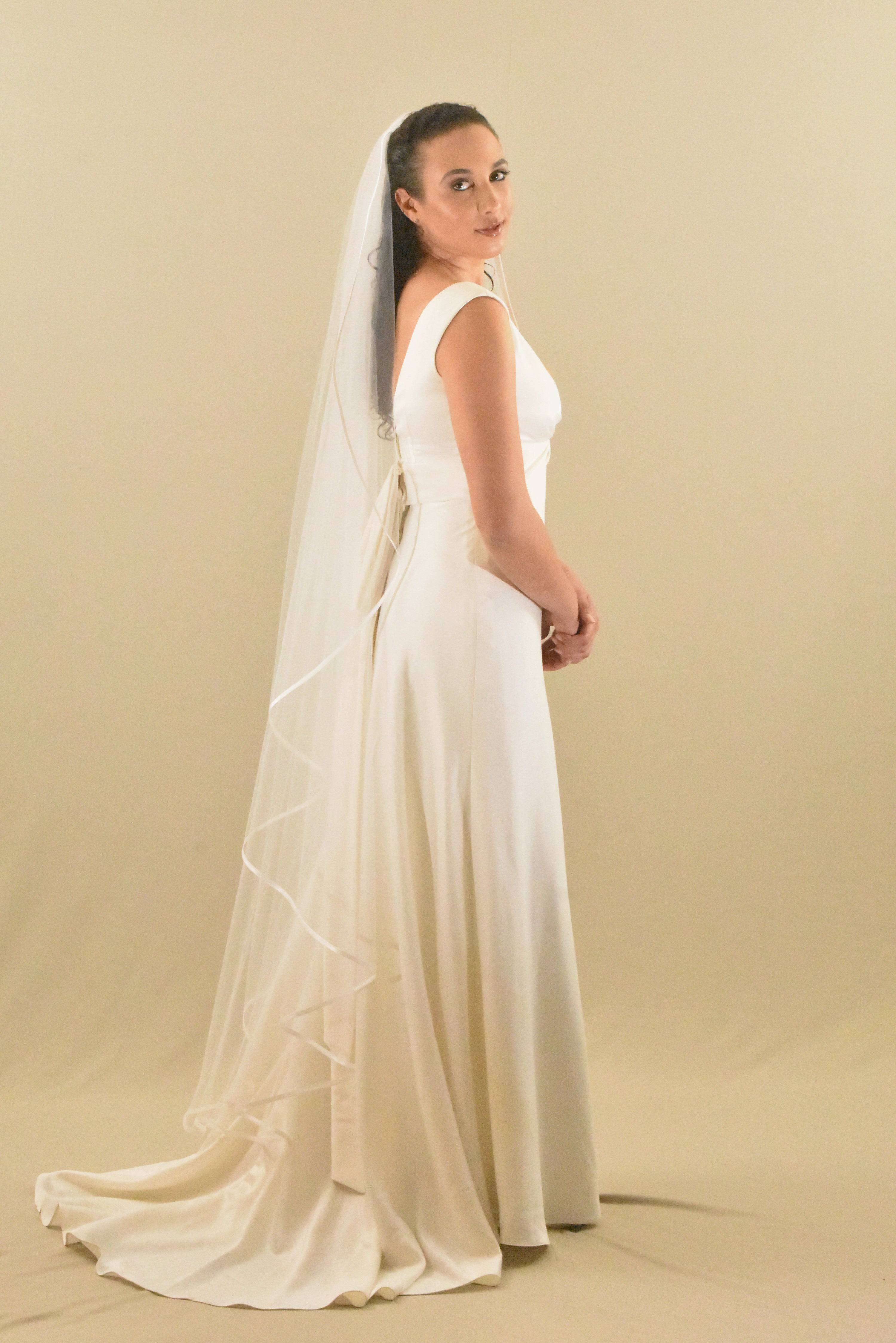 Waltz Length Angel Cut Veil with Satin Trim | WeddingVeil.com