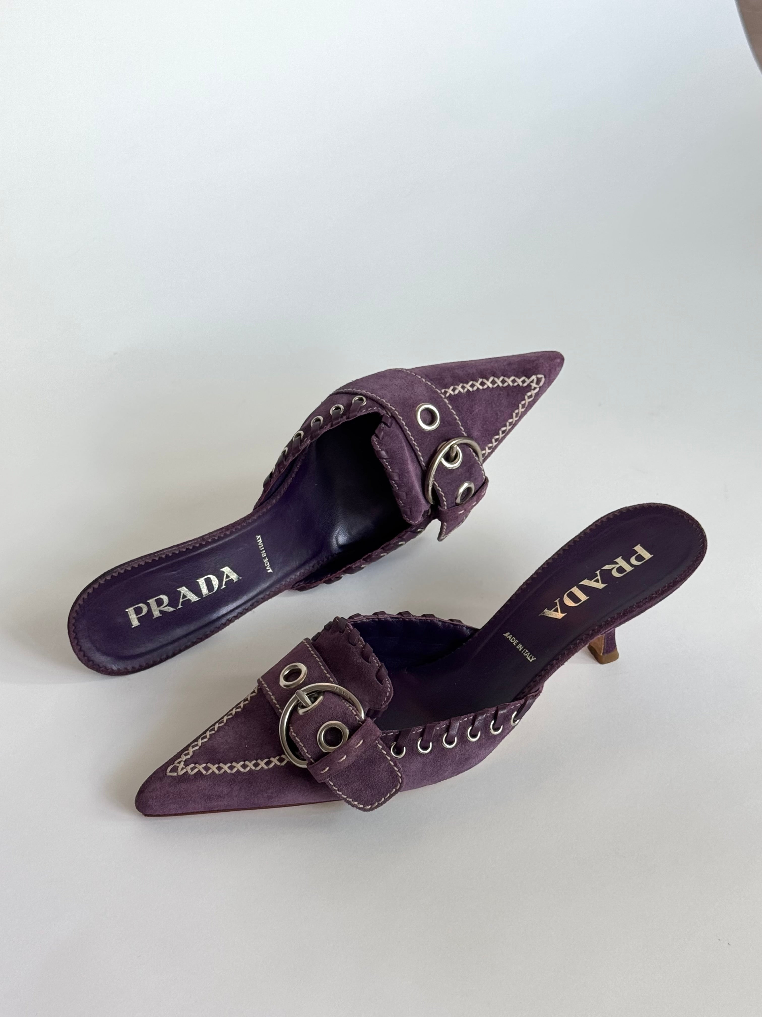 Prada Purple Suede Buckle Mules (IT39 / US8.5-9) – tutti