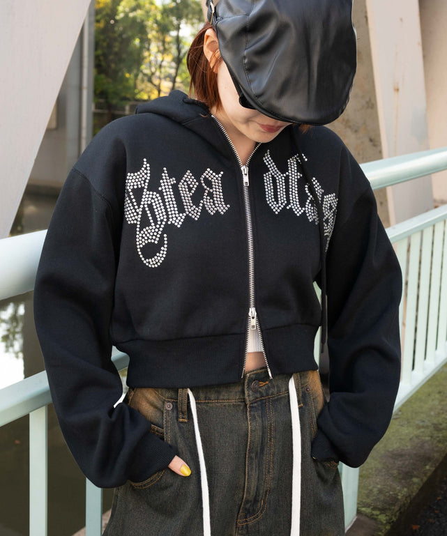 ラインストーン裏起毛ショートジップパーカー｜WEGO（ウィゴー