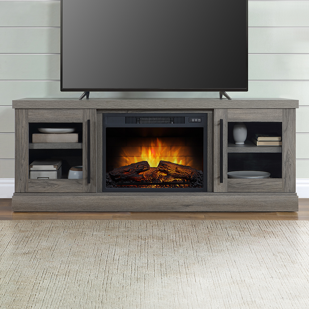 Ruso 62in Dusty Gray Oak Electric Fireplace Console | Whalen Furniture