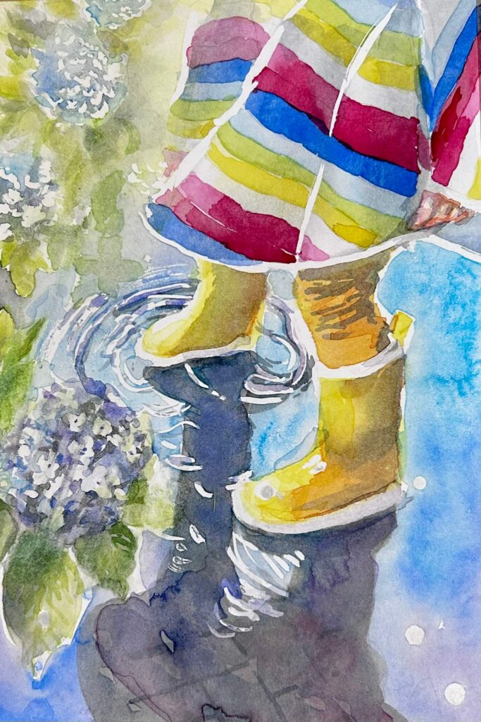 雨の日のステップ｜紫陽花と水たまりを描いた水彩画の作品紹介