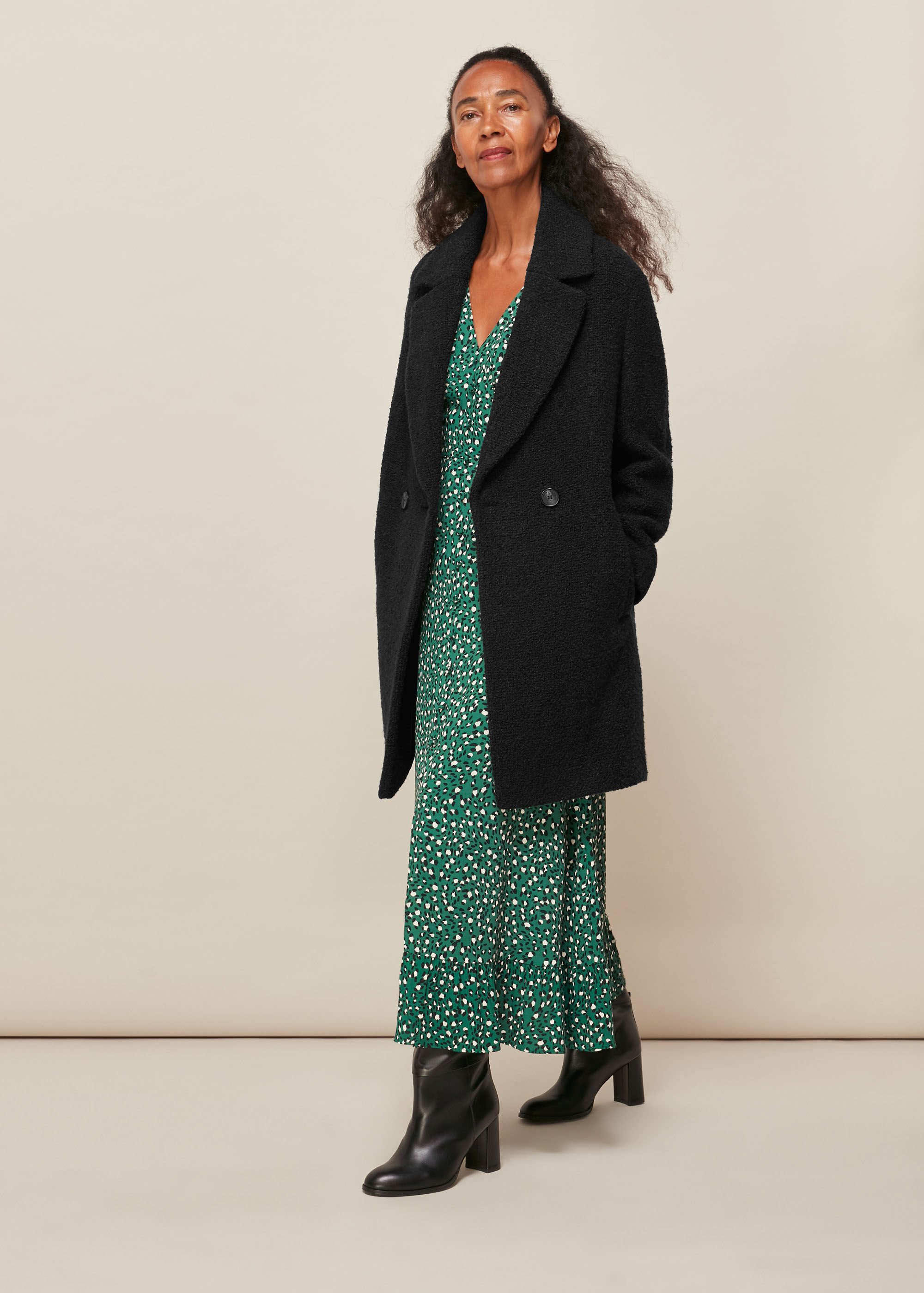 Black Boucle Double Breasted Coat | WHISTLES | Whistles US |