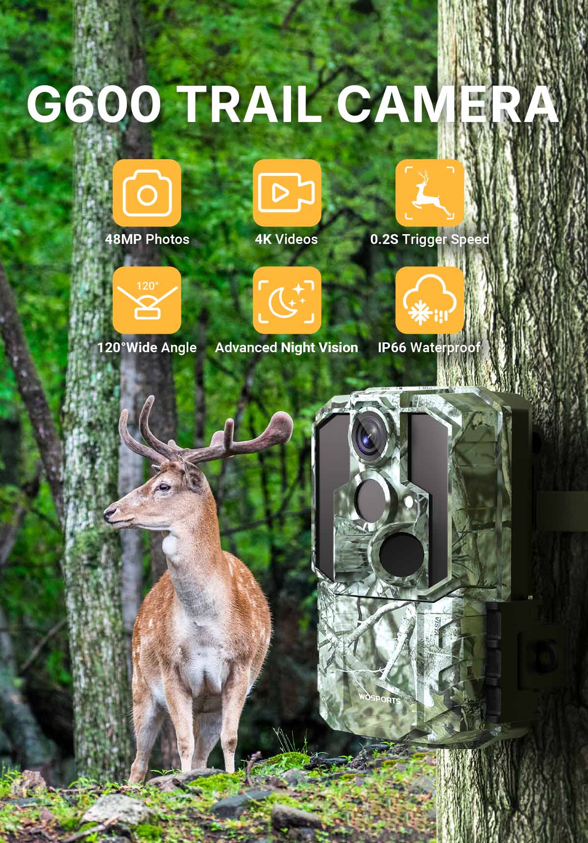 WOSPORTS G600 Trail Camera | Wildlife Camera with 4K Resolution