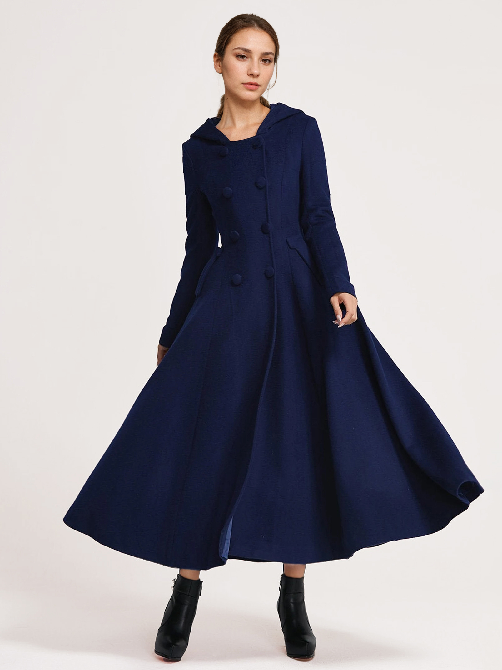 ウール フレアコート フード付き ダークネイビー ダブルブレスト