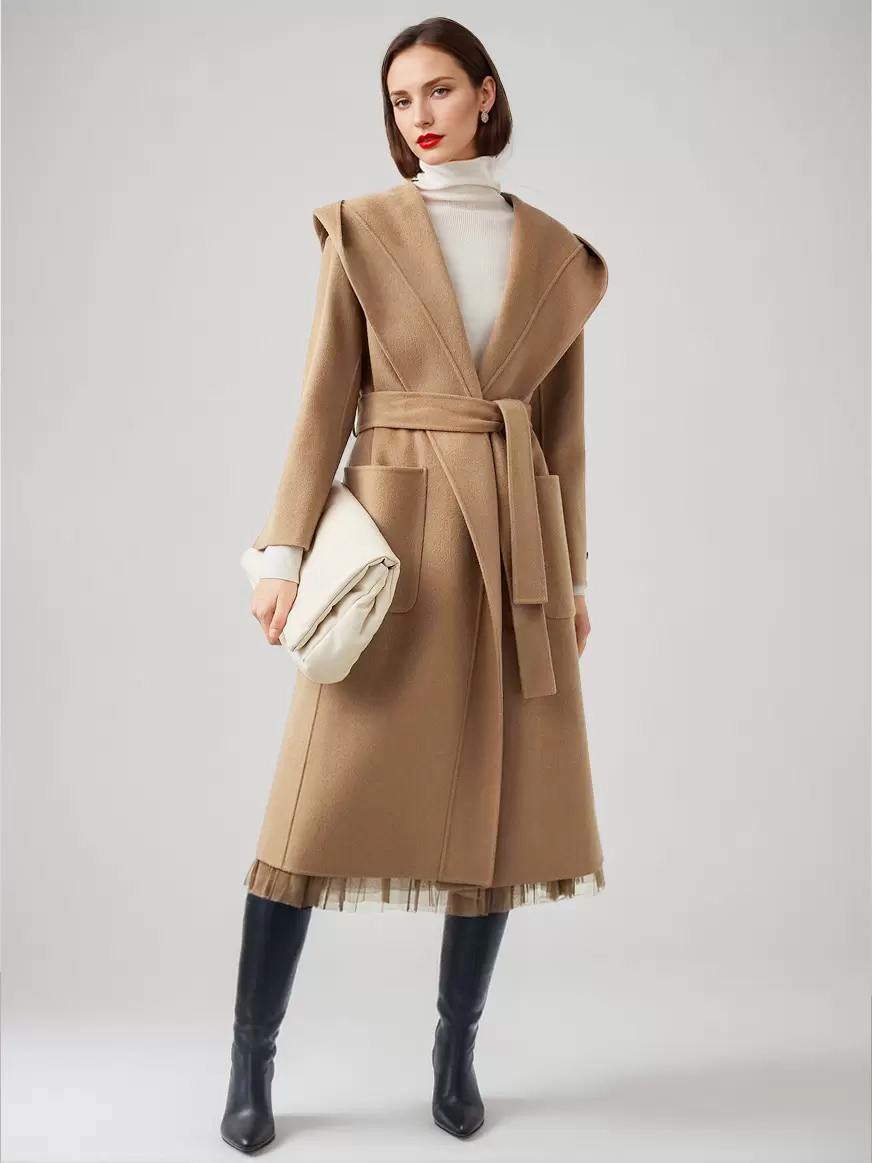 ウール カシミア ブレンド ラップ コート フード付き ダブルフェイス