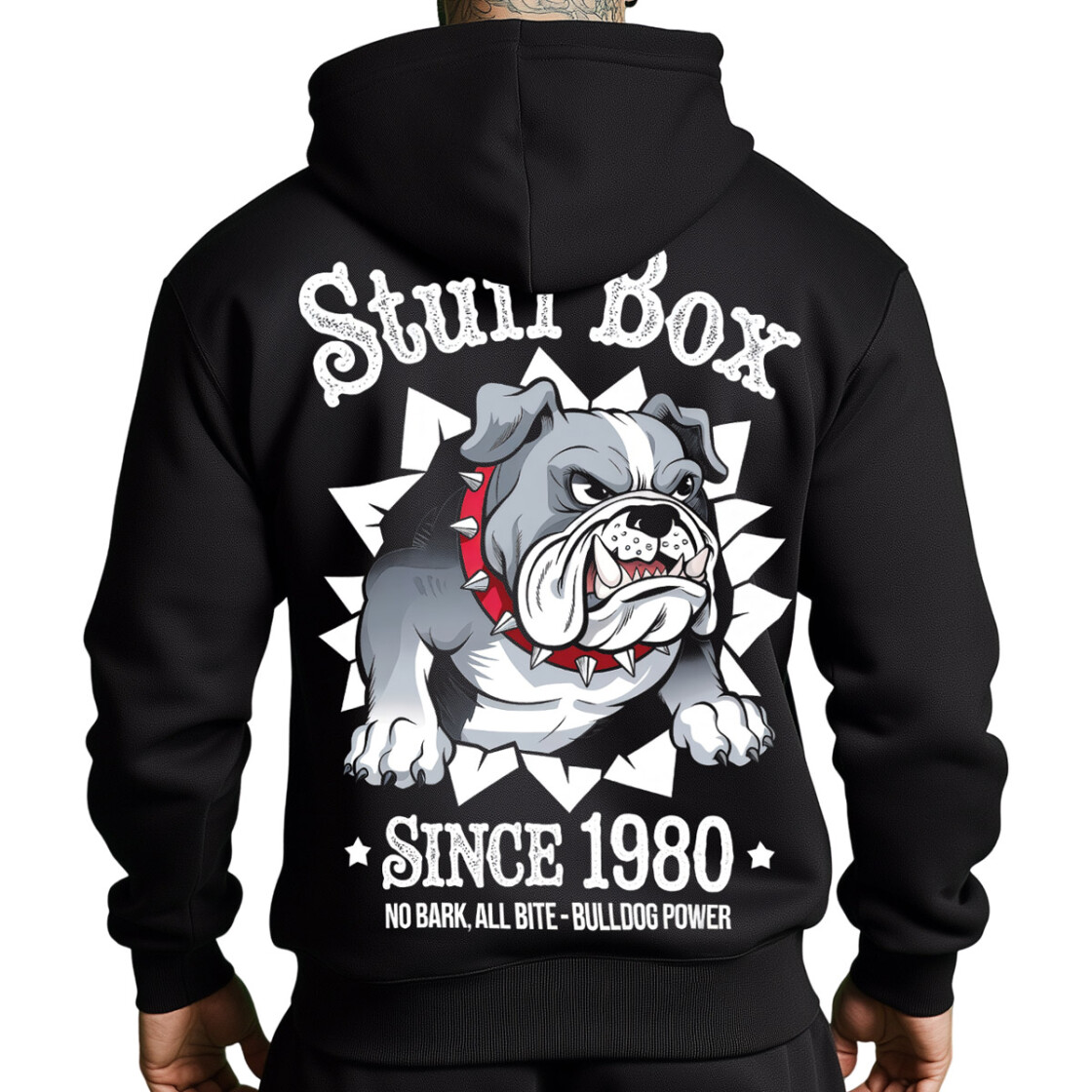 Stuff Box Männer Hoodie Power – Schwarz, Bulldoggen-Print, Kapuze