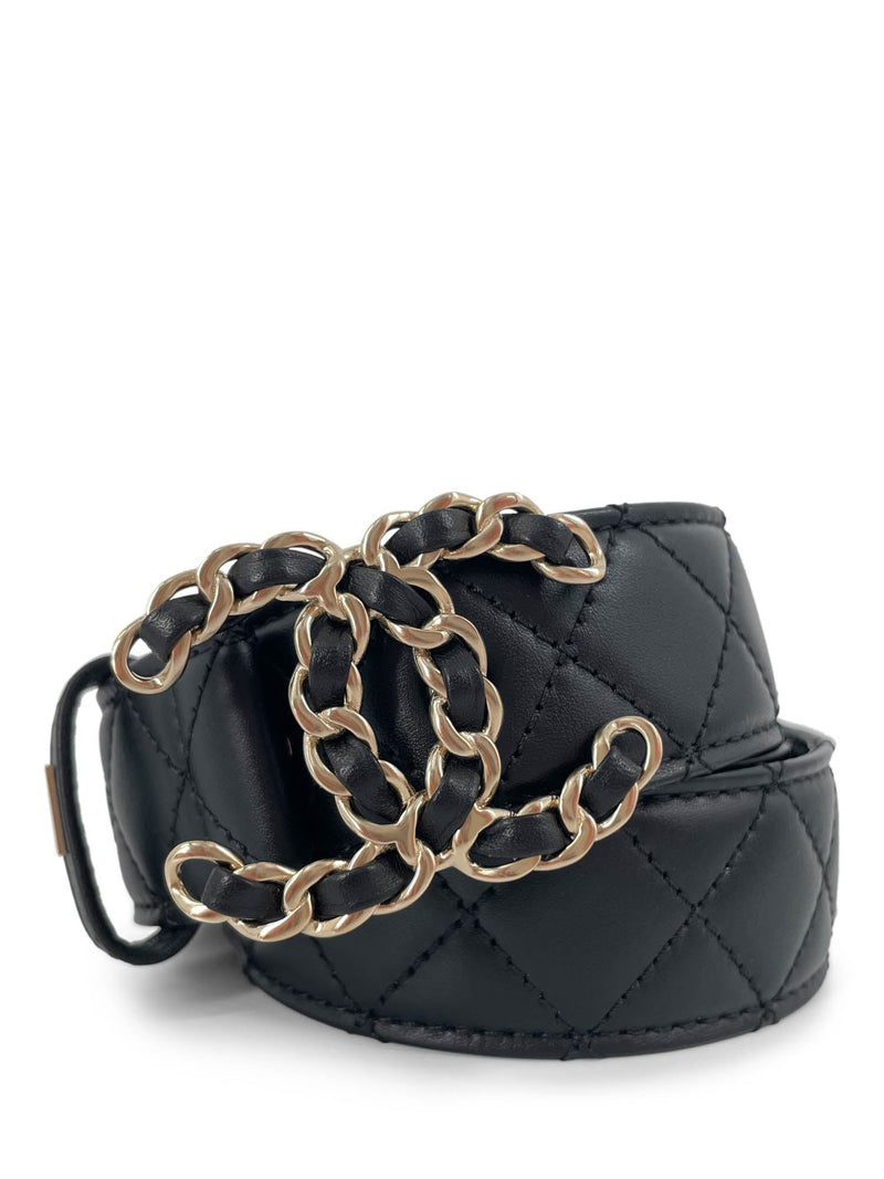 CHANEL CC Logo Quilted Leather Belt Black Silver
