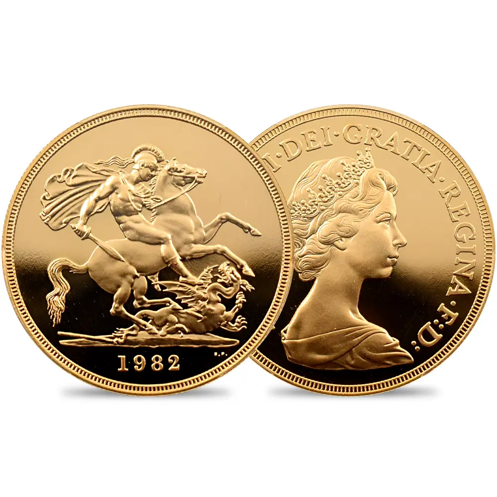 1982 エリザベス2世 ヤングエリザベス 聖ジョージ竜退治 5ポンド金貨