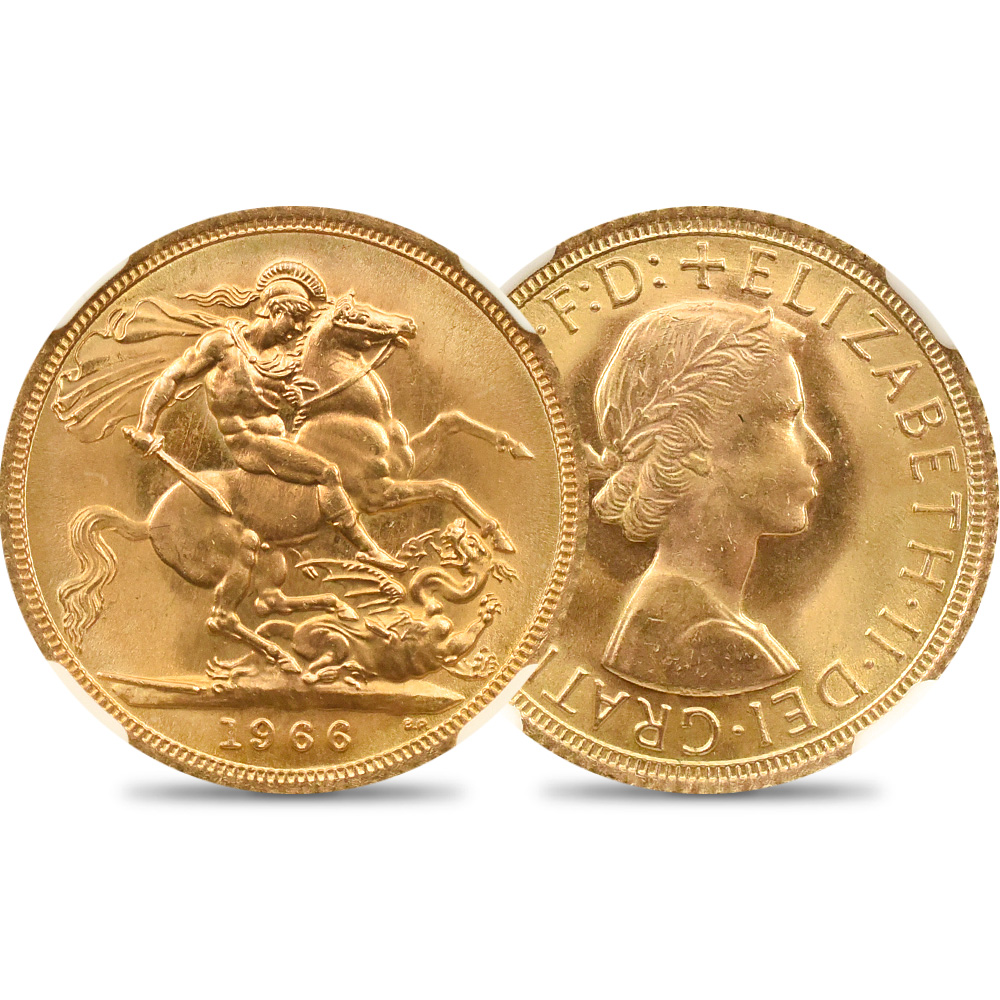 1966 エリザベス2世 ヤングヤング 聖ジョージ竜退治 ソブリン金貨 NGC