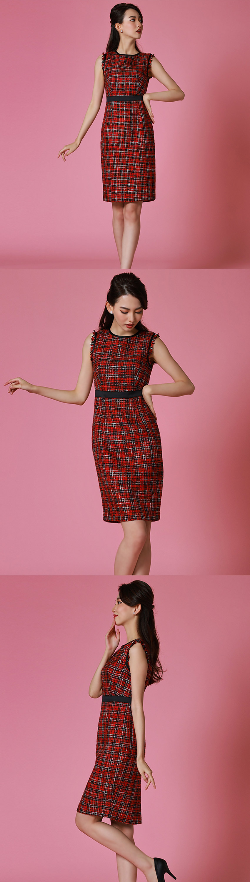 赤ツイードブラックラインミニワンピース/黒木麗奈 - カラードレス