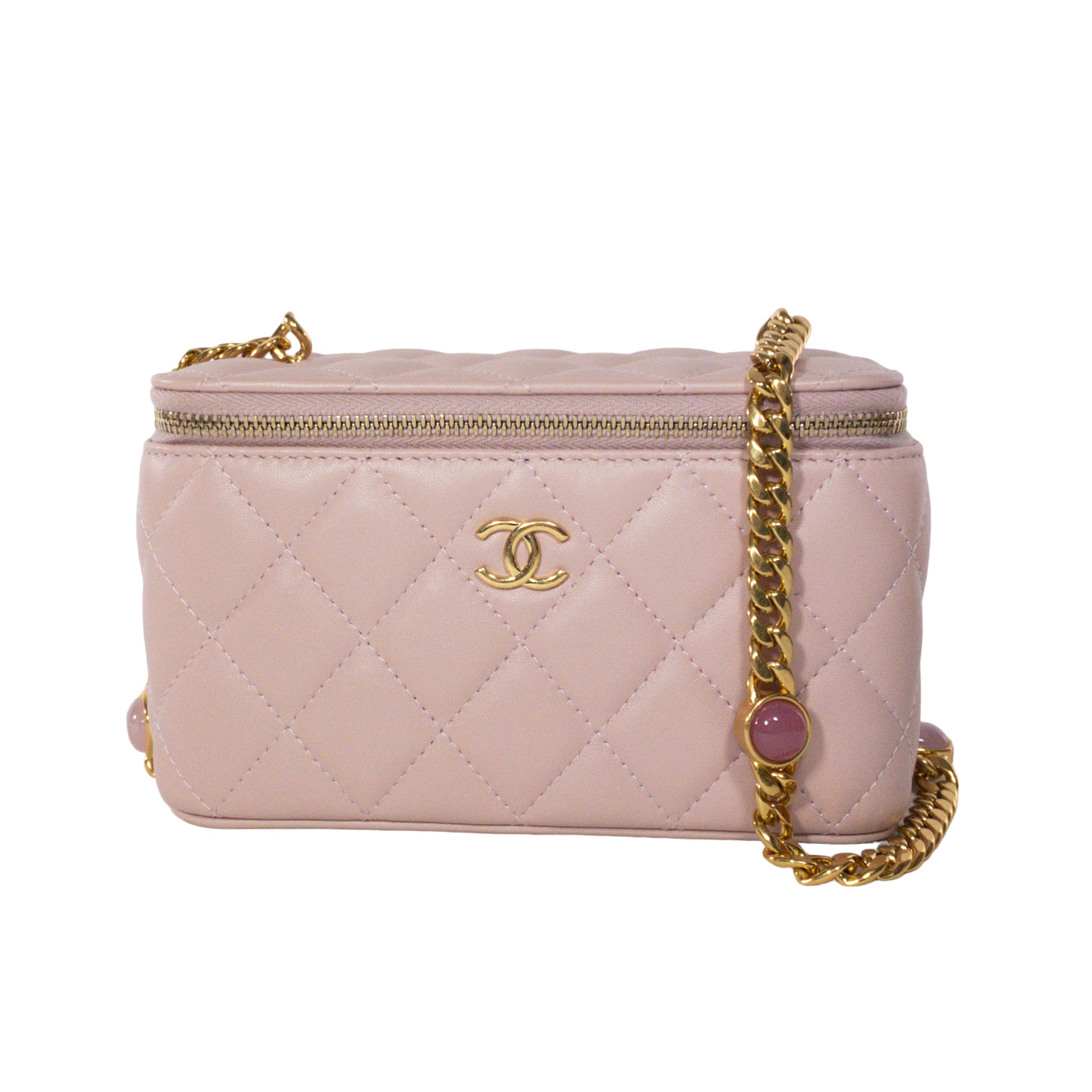Chanel Pink Lambskin Vanity Case w/ Jeweled Chain – Consign of the