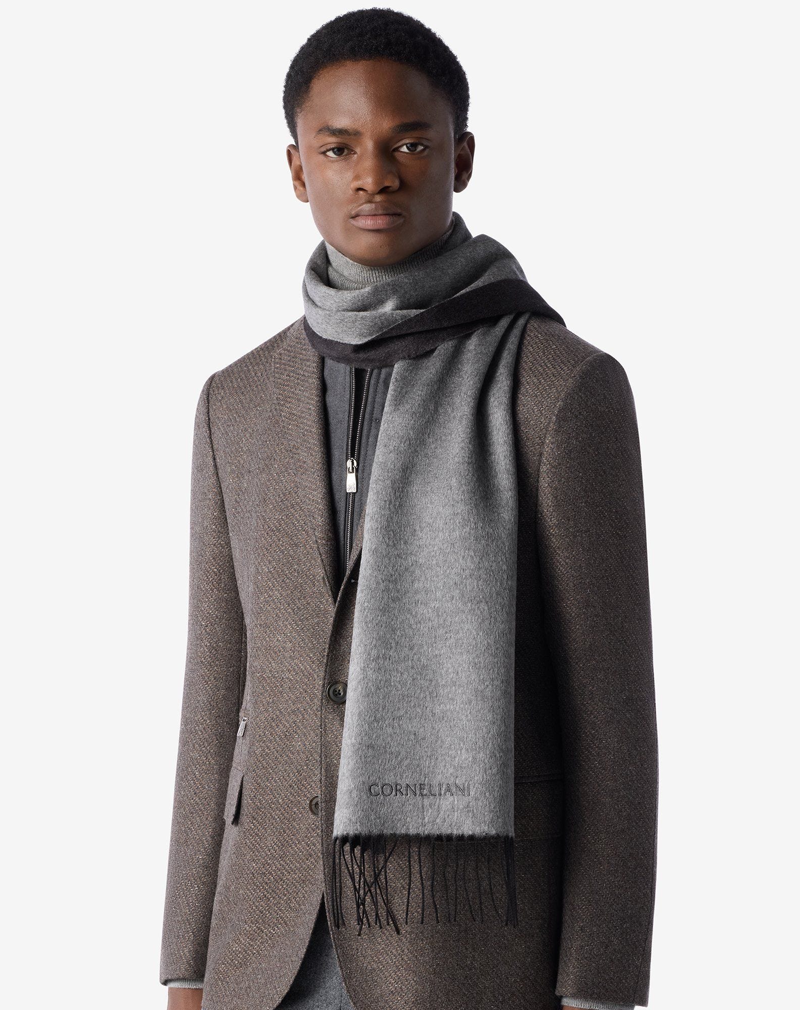 Pearl grey/anthracite silk and cashmere scarf for men | Corneliani