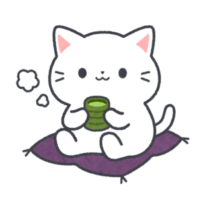 座布団に座りお茶を飲んで休憩する猫のイラスト | ネコスト