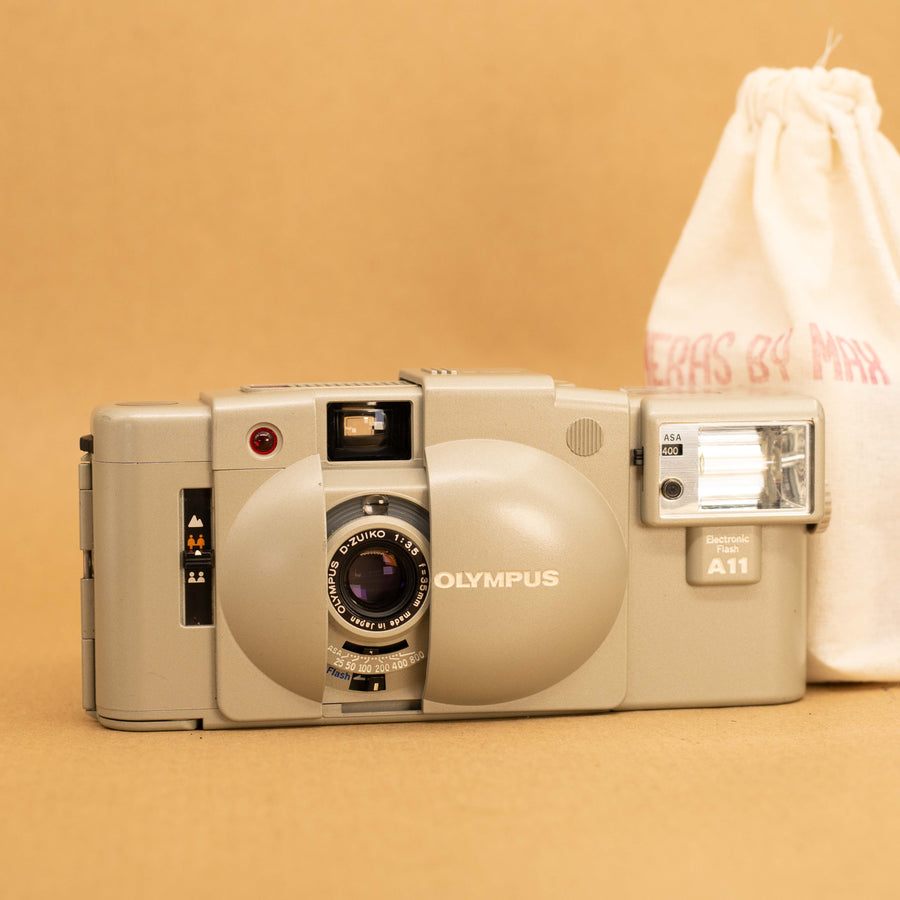 Urban White Olympus XA2 with A11 Flash with Roll of Film