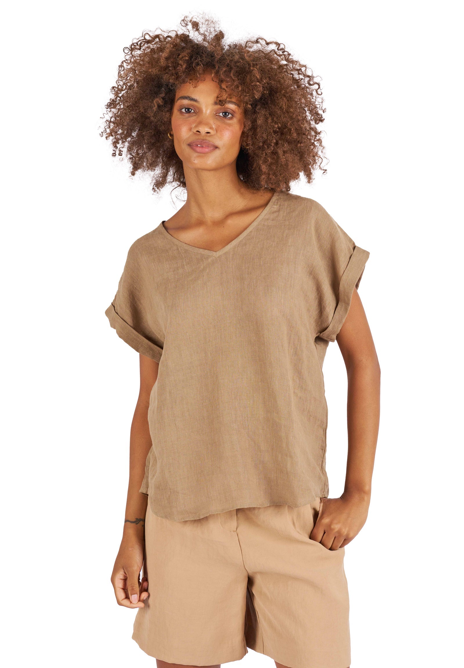 Martina Hazelnut Sand Washed Linen T-Shirt – camixa.com