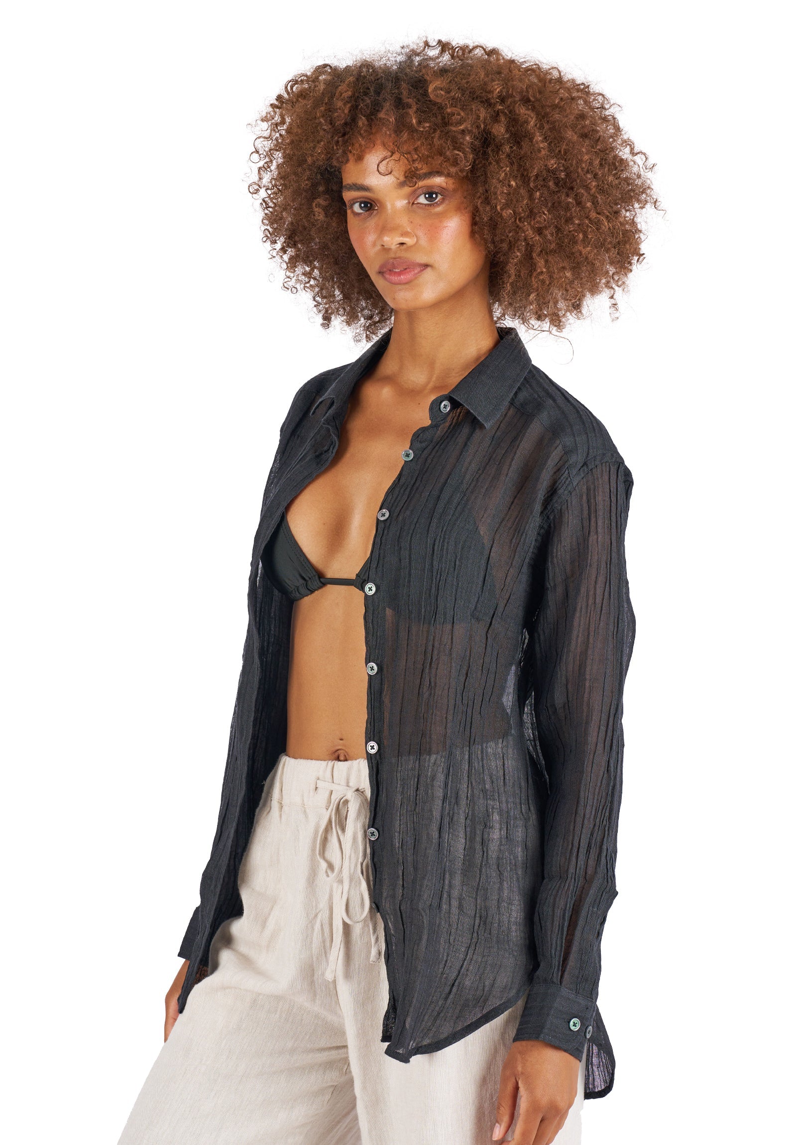 Crinkle-Shirt Black Oversized Linen Shirt – camixa.com