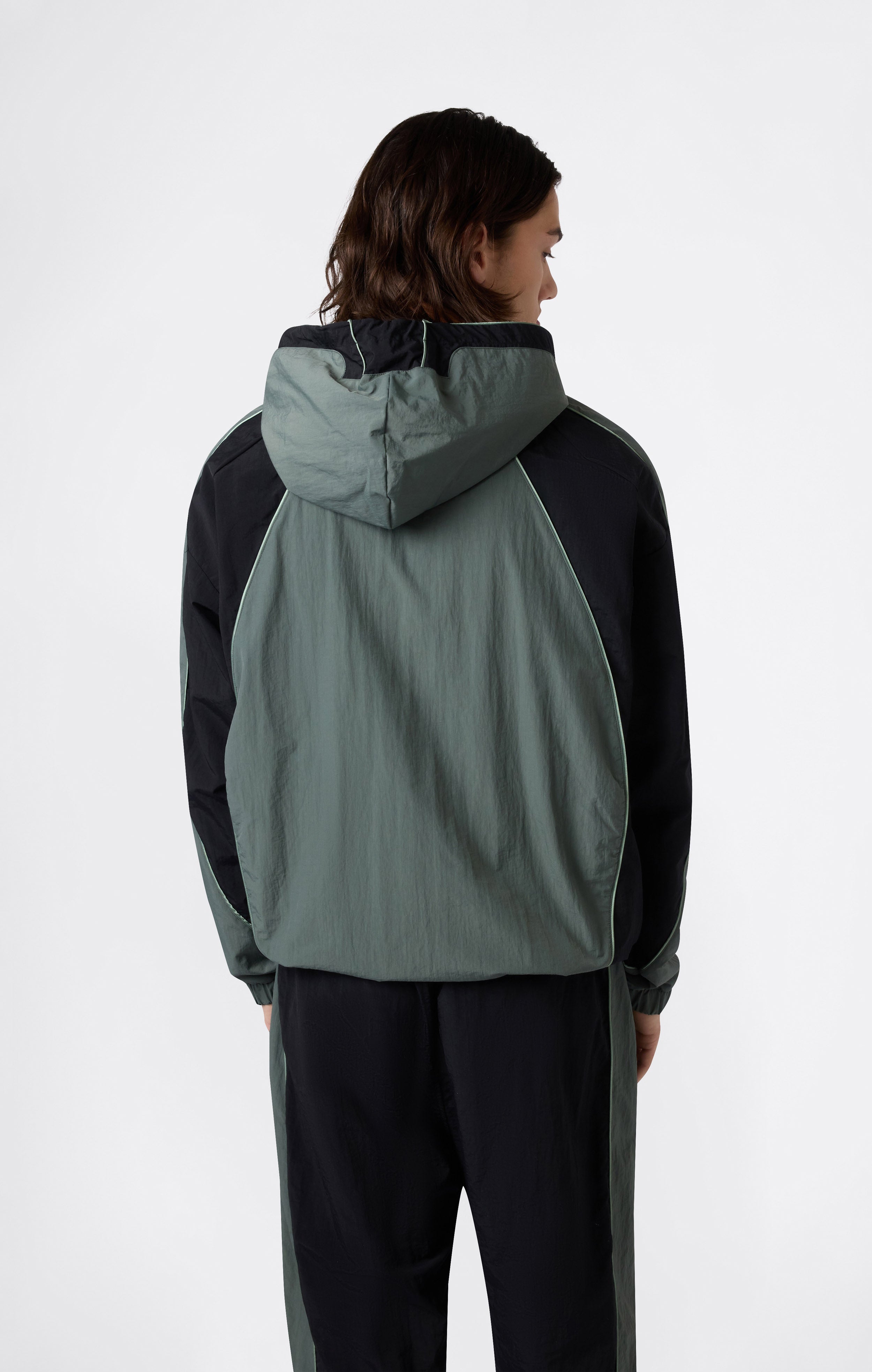 Men's Woven Nylon Full-Zip Hooded Track Top Loose Fit Green / Grey