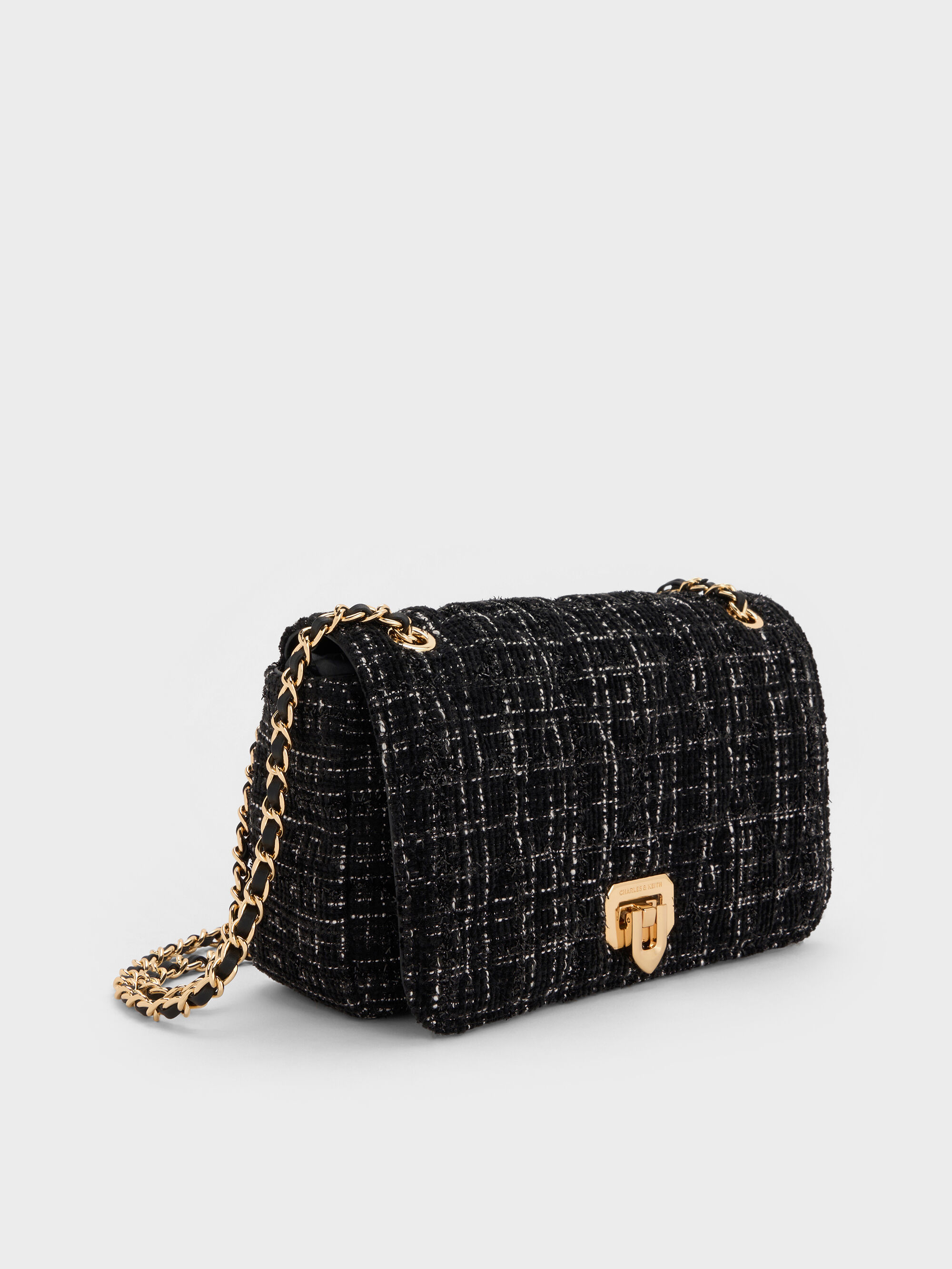 Black Arwen Tweed Diamond-Quilt Braided-Strap Shoulder Bag - Black