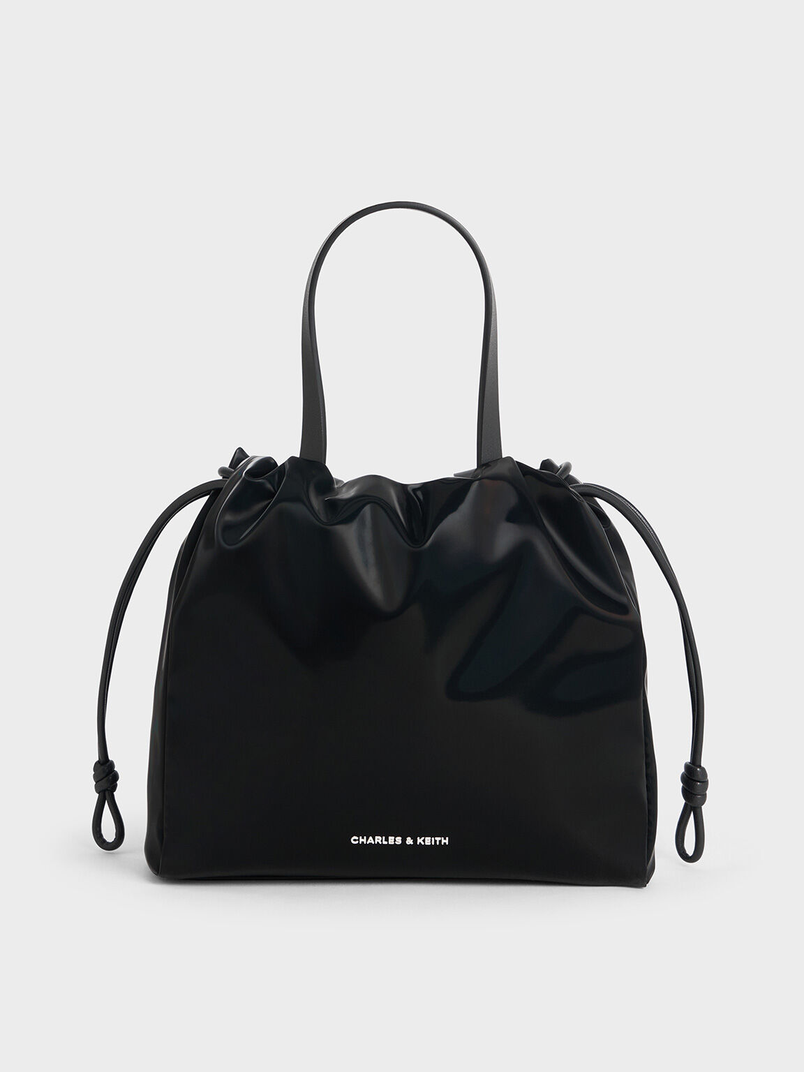 Jet Black Mini Bethel Shiny Ruched Drawstring Tote Bag - Jet Black