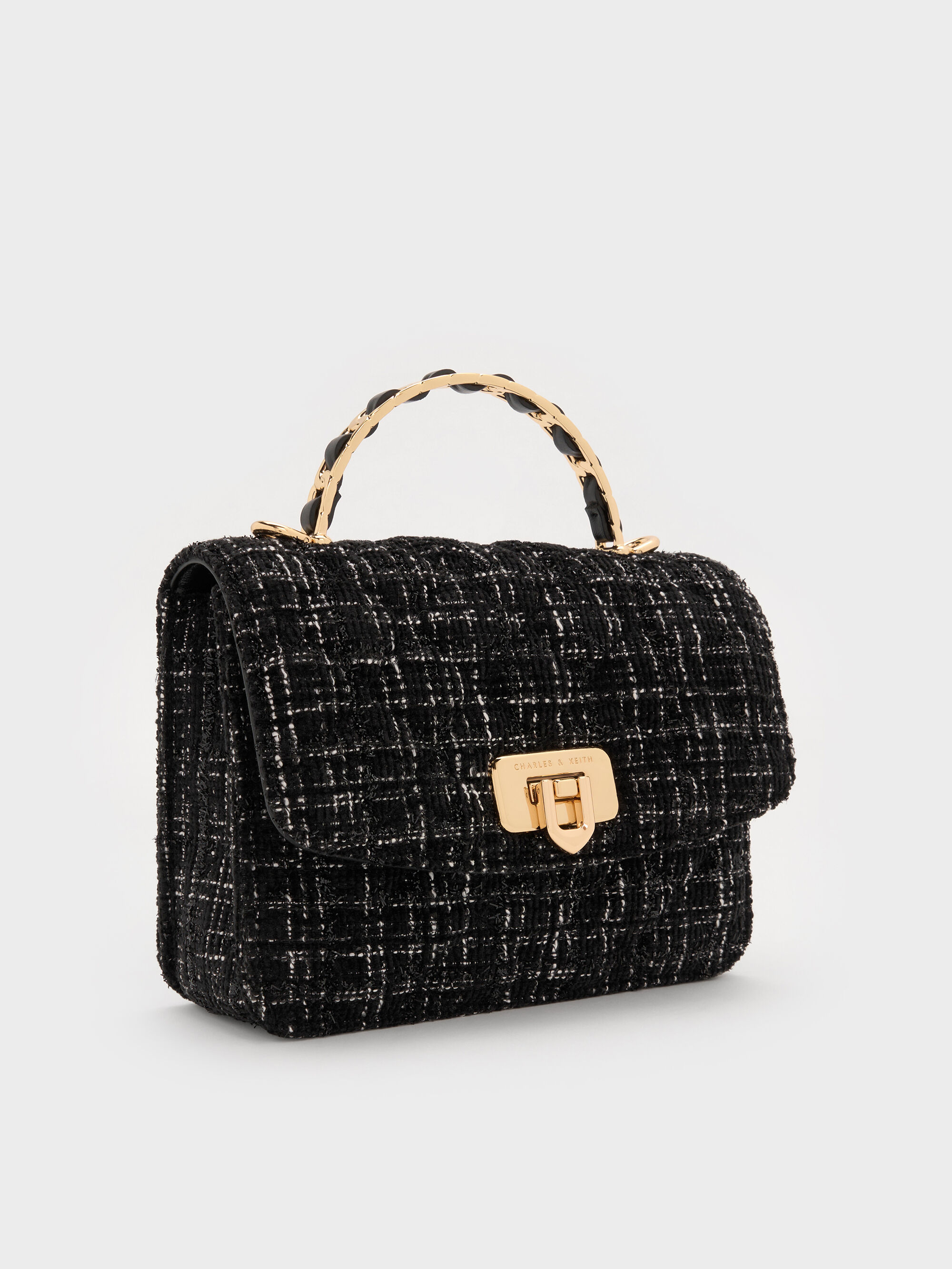 Bk.Twd Cressida Tweed Quilted Top Handle Bag - Black Tweed