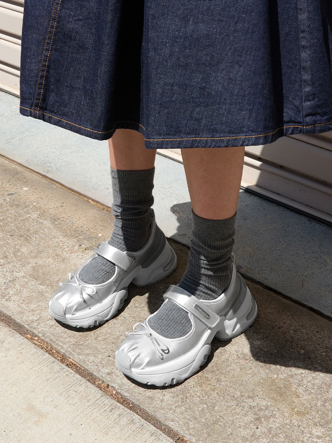Silver Satin Bow Two-Tone Mary Jane Sneakers - Silver - CHARLES