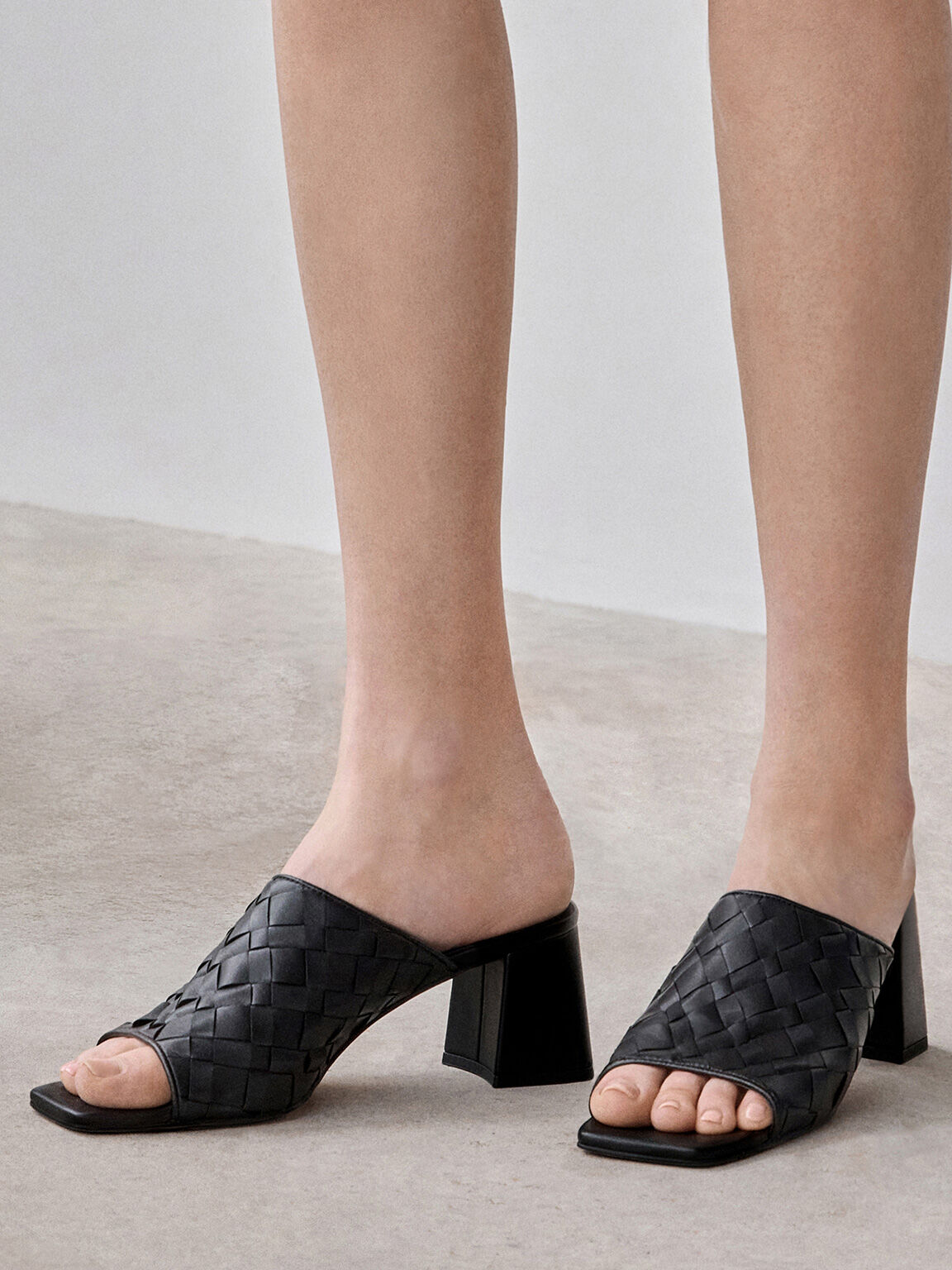 Black Ivette Woven Square-Toe Heeled Mules - Black - CHARLES