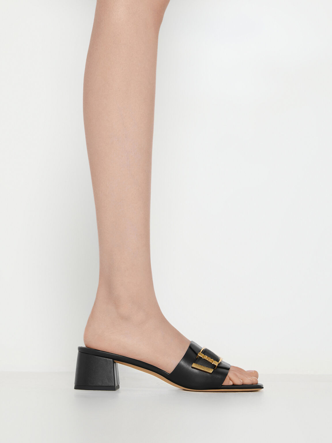 Black Whitney Leather Buckled Block-Heel Mules - Black - CHARLES
