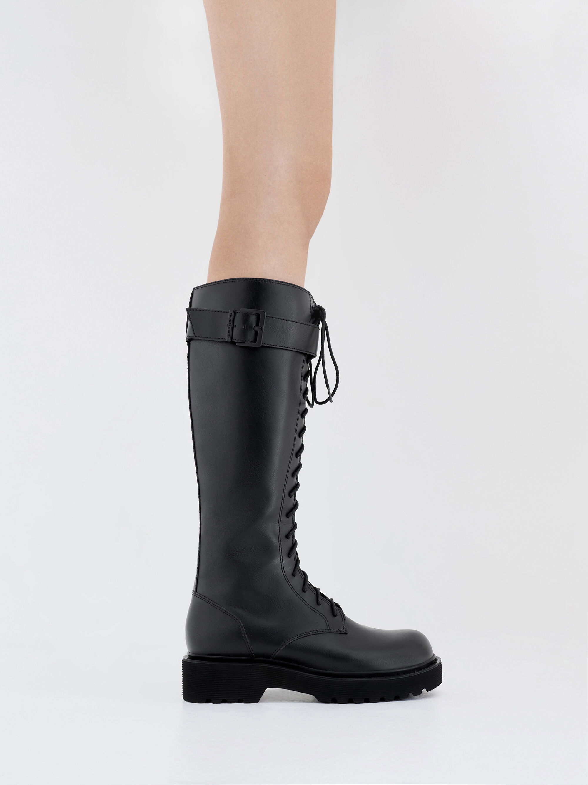 Black Darian Lace-Up Buckle-Strap Knee-High Boots - Black - Shoes