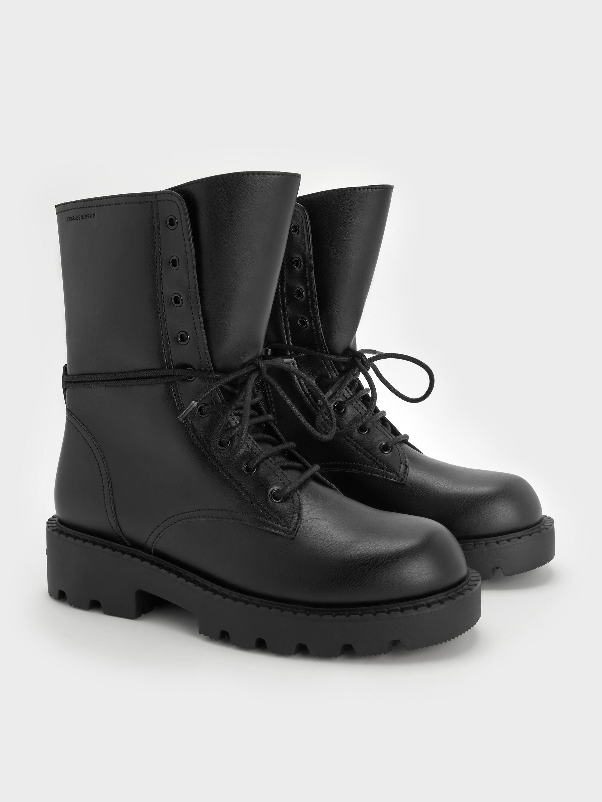 レースアップ サイドジップカーフブーツ - ブラック | CHARLES & KEITH