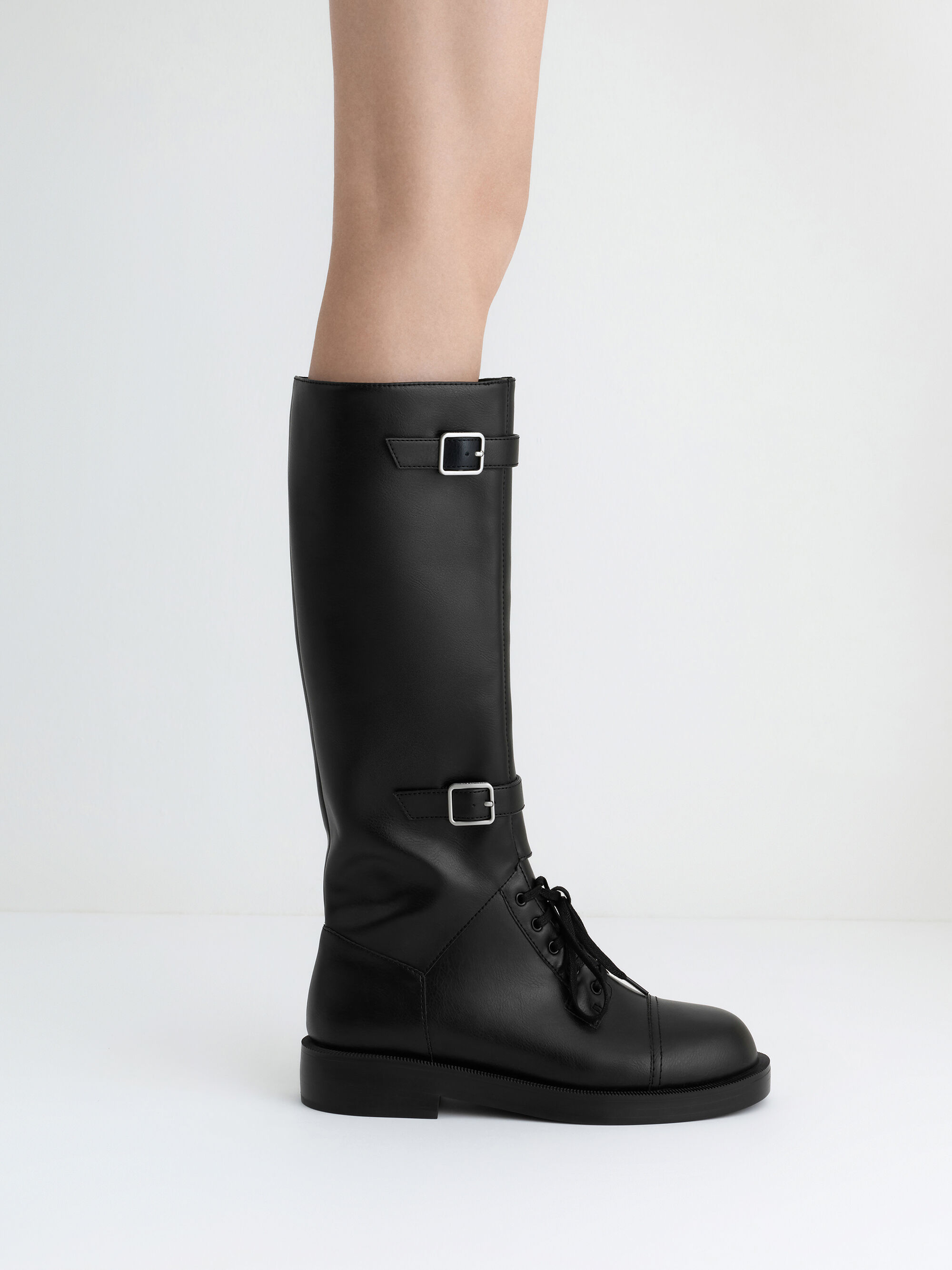 ダブルバックル コンバットロングブーツ - ブラック | CHARLES & KEITH