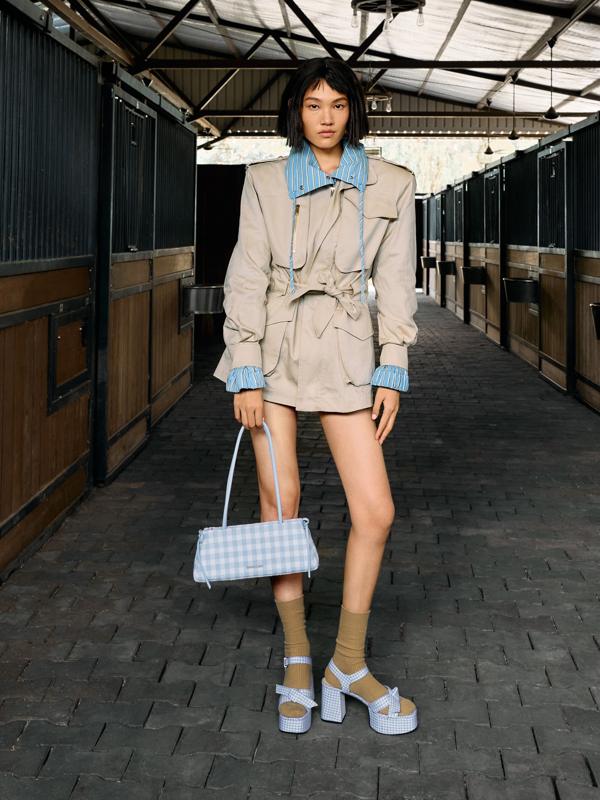 Hazel ヘーゼル ギンガムボウショルダーバッグ - ギンガムブルー