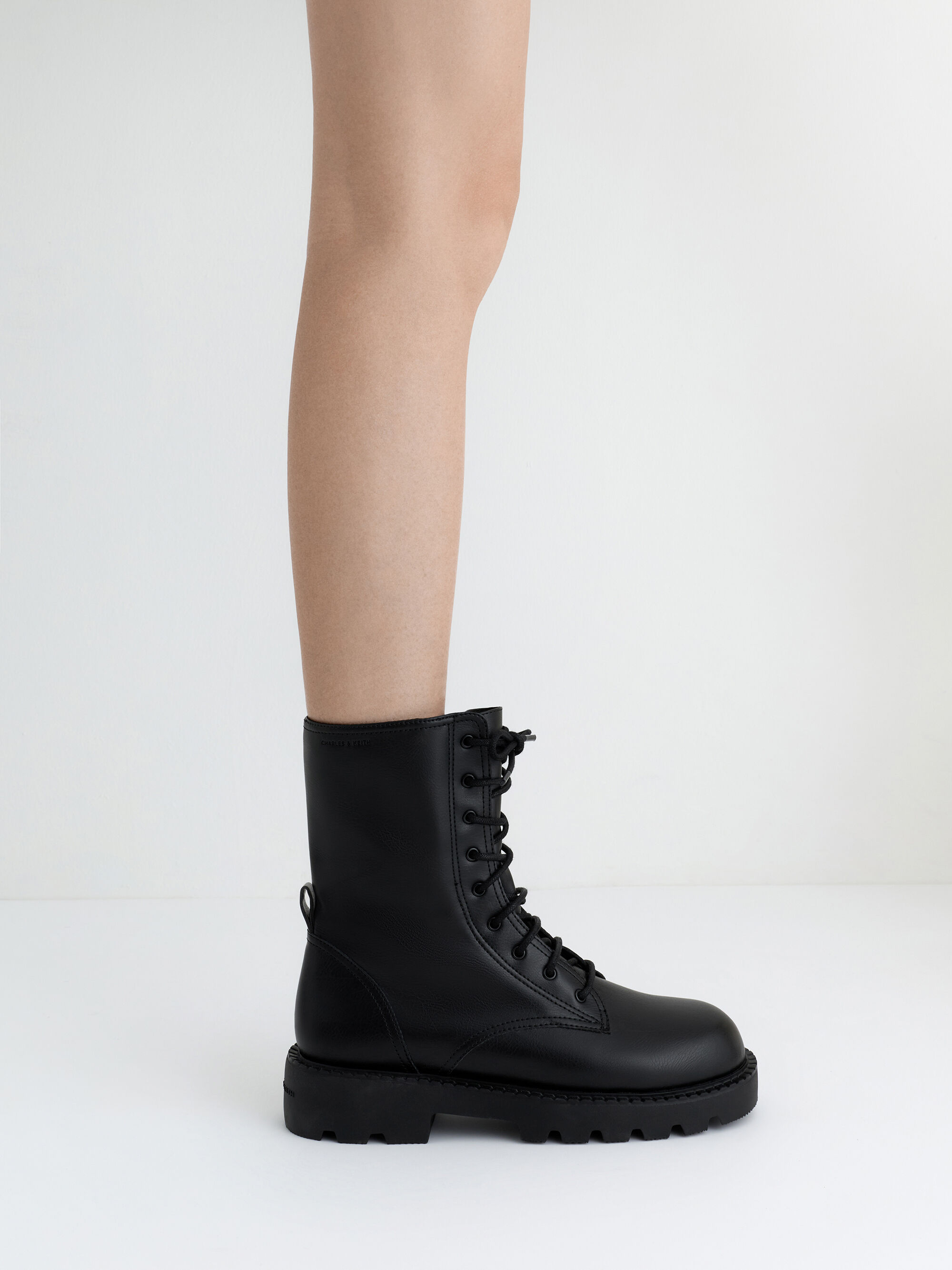 レースアップ サイドジップカーフブーツ - ブラック | CHARLES & KEITH