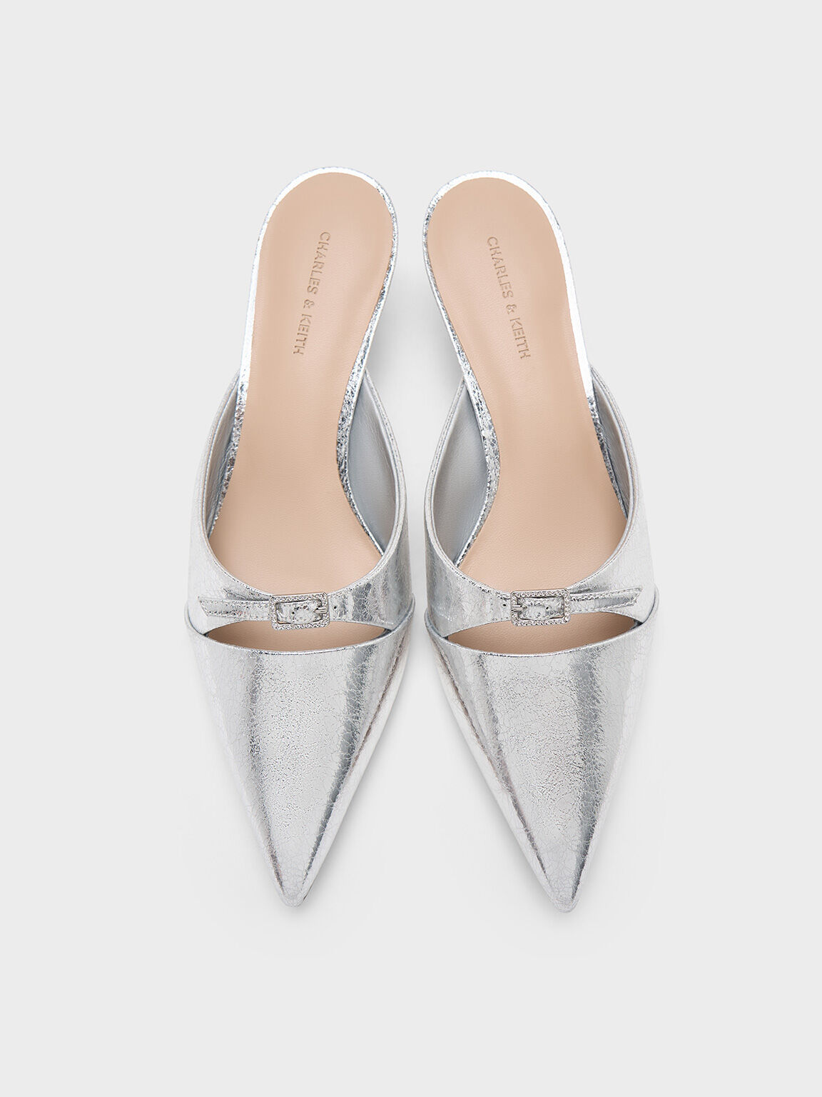 クリスタルバックル ポインテッドトゥキトゥンヒールミュール