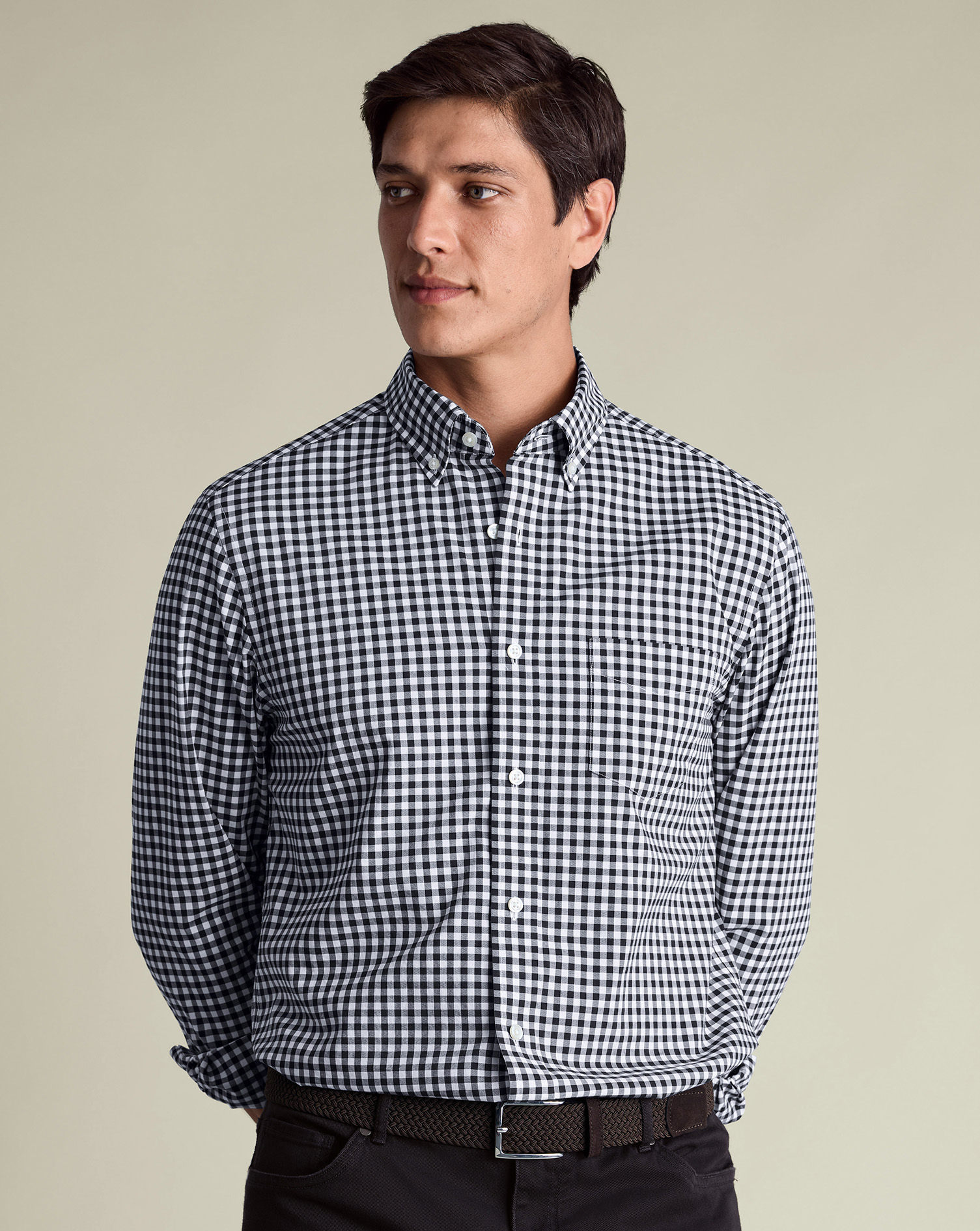 Button-Down Stretch Washed Poplin Gingham Shirt – Dark Navy