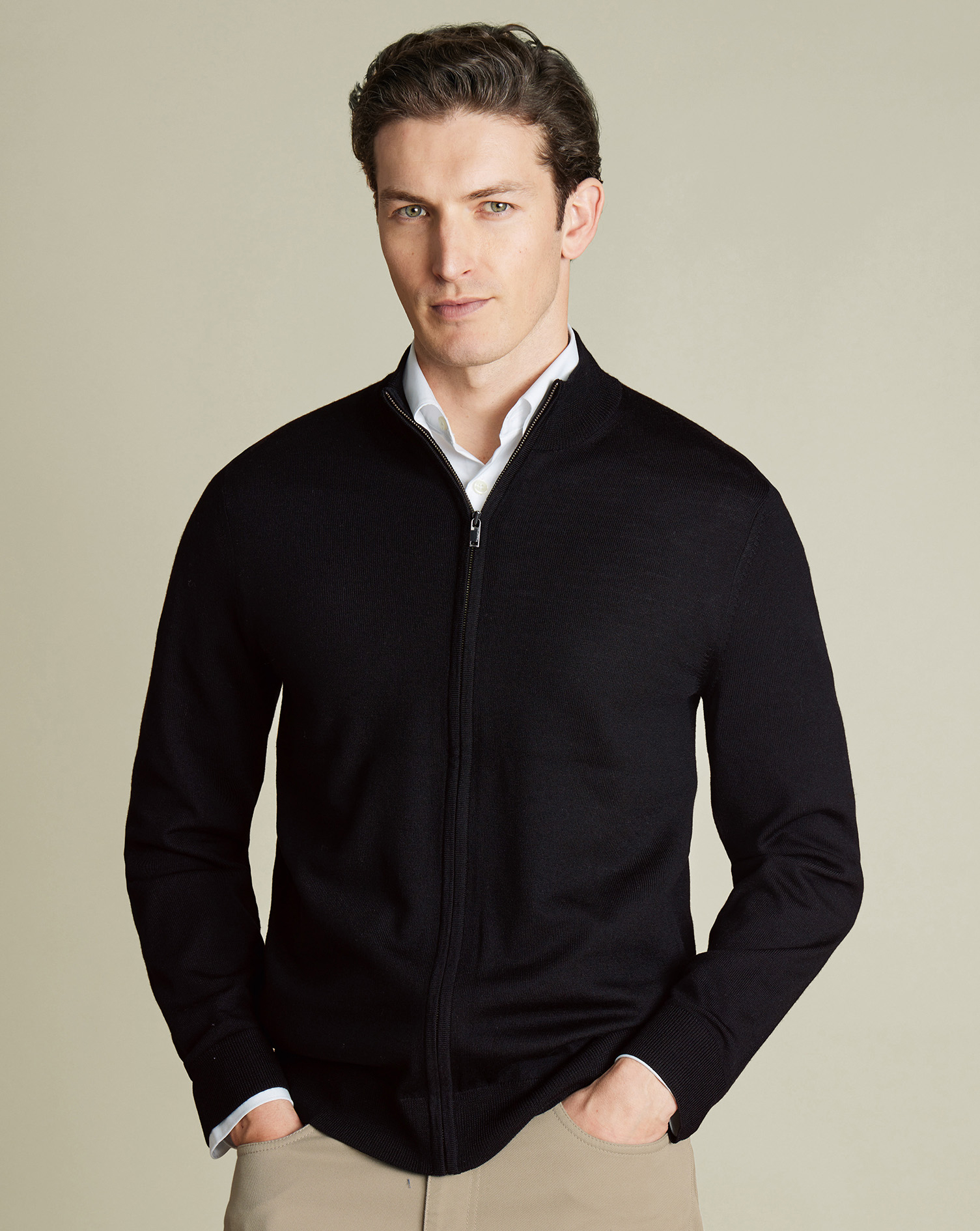 Pure Merino Full Zip Through Cardigan - Black | Charles Tyrwhitt US