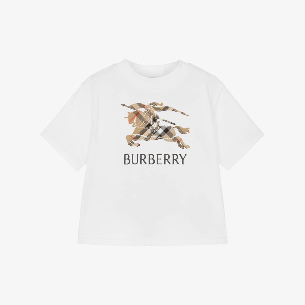 Burberry - Baby Boys White Cotton T-Shirt with Beige Check EKD
