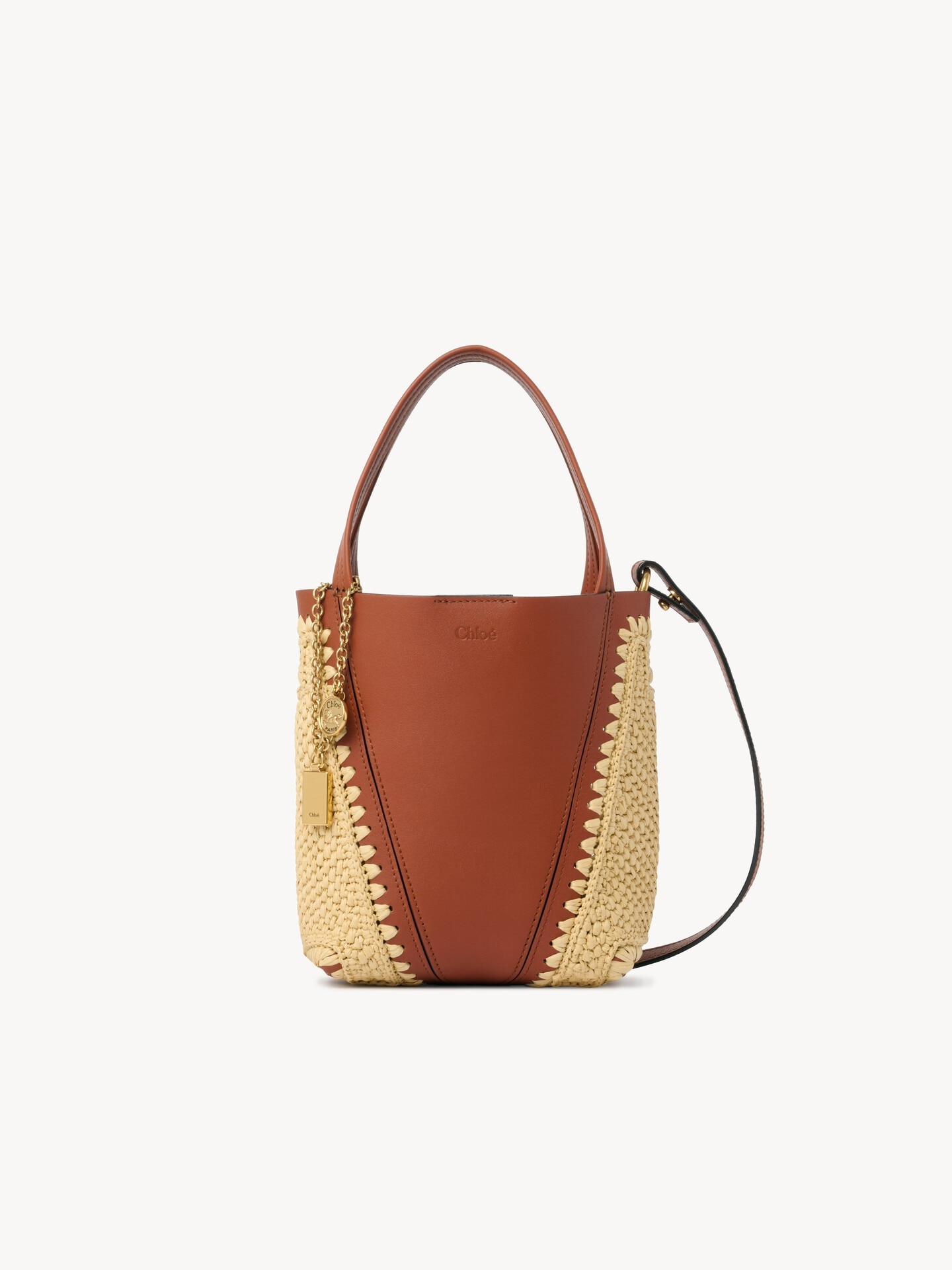 Small Chloé Spin tote bag in raffia-effect & leather Brown - Chloé