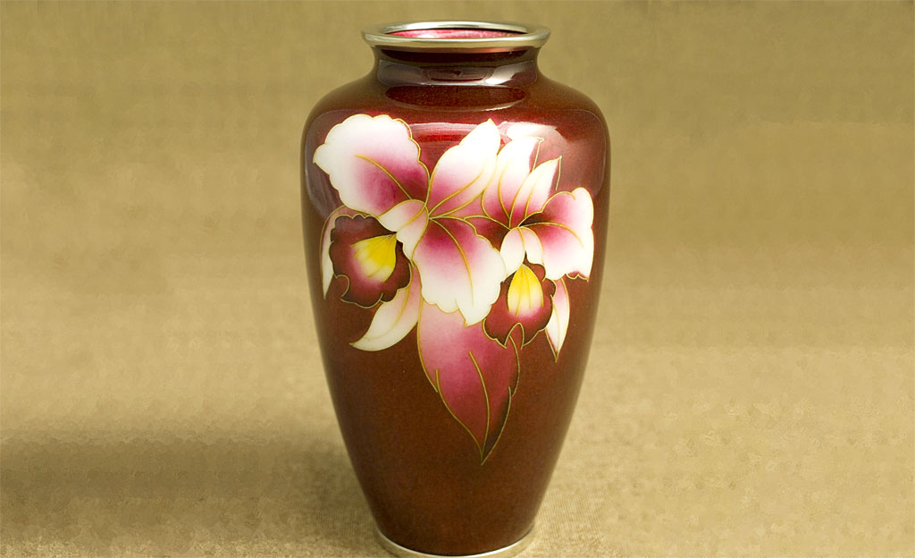 七宝焼 花瓶 6寸並形赤透け カトレア - CRAFTS DESIGN