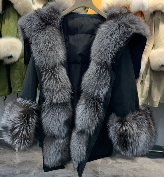 Women's Real Silver & Red Fox Fur Military Down Angel Wing Coat