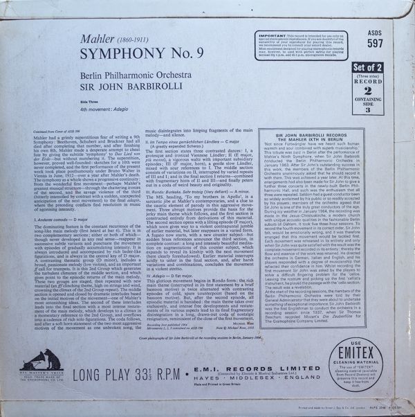 サー・ジョン・バルビローリ/マーラー：交響曲第9番（2LP