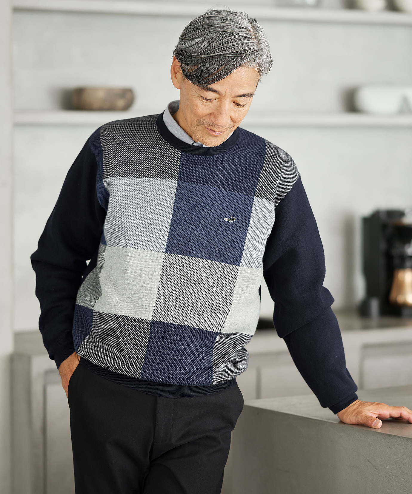 メンズ カシミヤブレンド ブロックチェック ニット【手洗いOK】通販