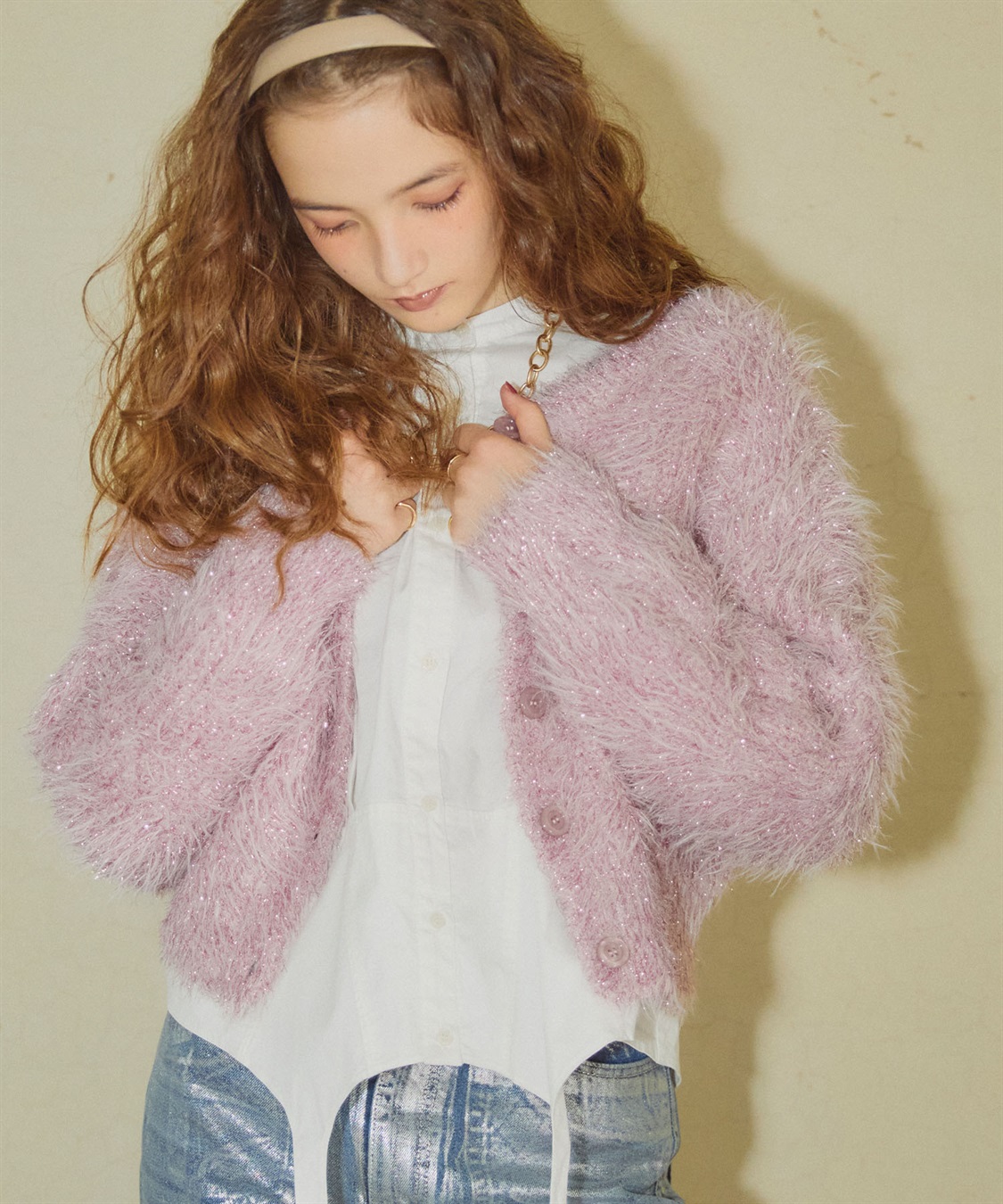 ストラ stola. アルパカ混 シャギーニット カーディガン ピンク ストラ