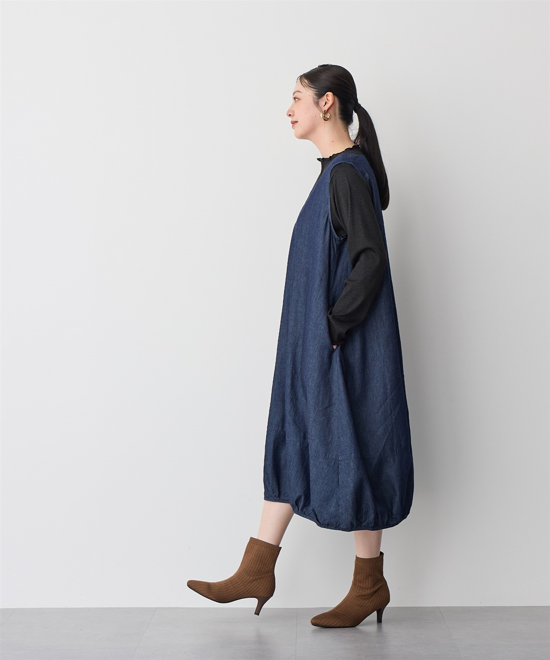 anyfee/プラスサイズ】Vネックデニムバルーンワンピース anyfee